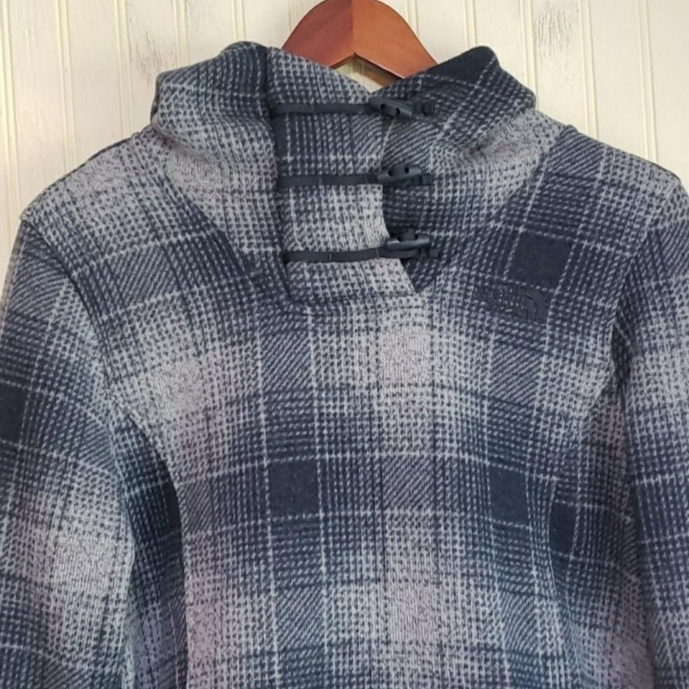 The North Face Jacket Womens Medium Blue Plaid Fleece Hooded Toggle Pockets - Picture 1 of 8